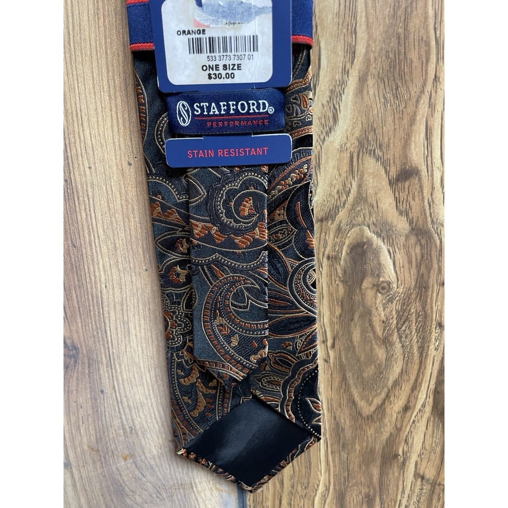 STAFFORD Mens Tie Performance Dramatic Paisley Burnt Orange Gray Black NWT Silk